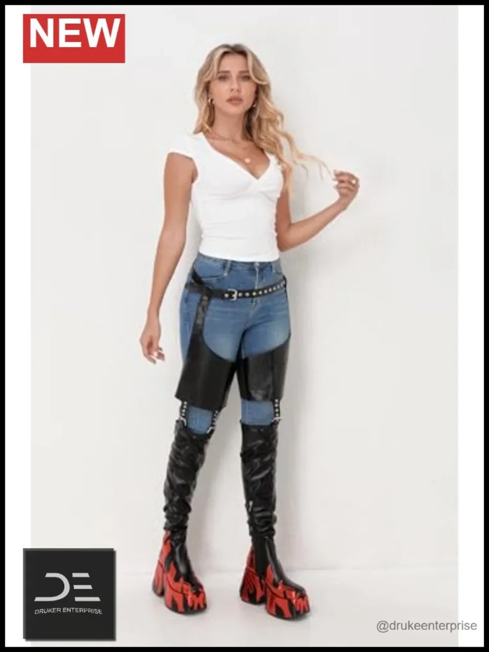Flames Print Suede Thigh High Chunky Heel Boots with Belt Straps